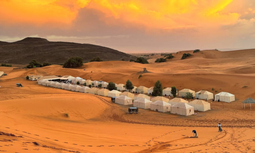 Desert camp in golden Sahara dunes under a glowing sky at sunset