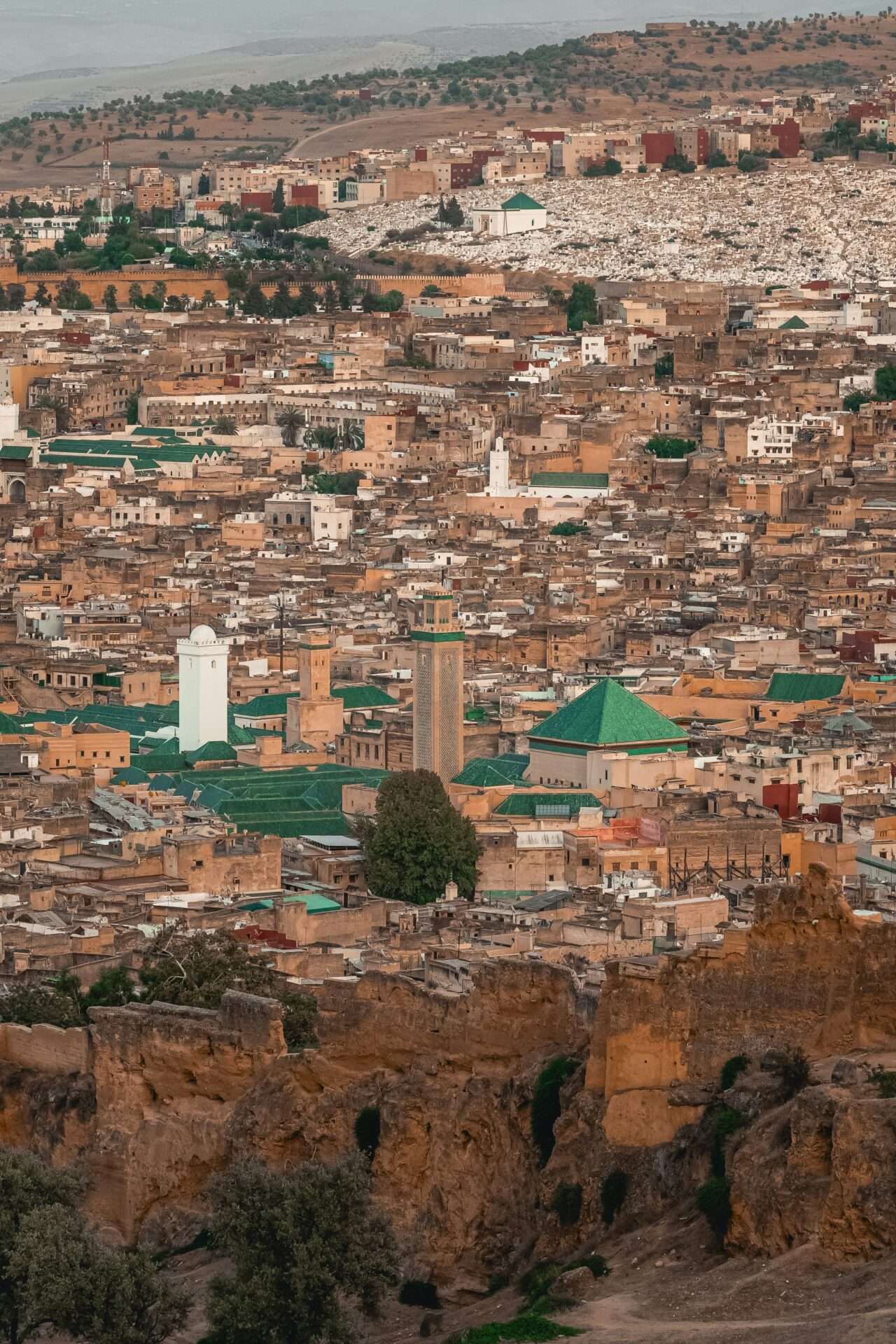 Narrow alleyway in the ancient Medina of Fes, lined with traditional shops, ornate wooden doors, and locals walking through the labyrinthine streets.
