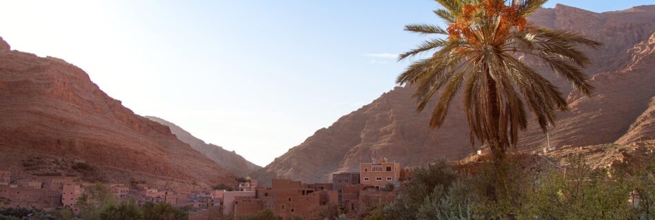 Boumalne Dades with palm trees and Atlas Mountains in the background, Morocco.
