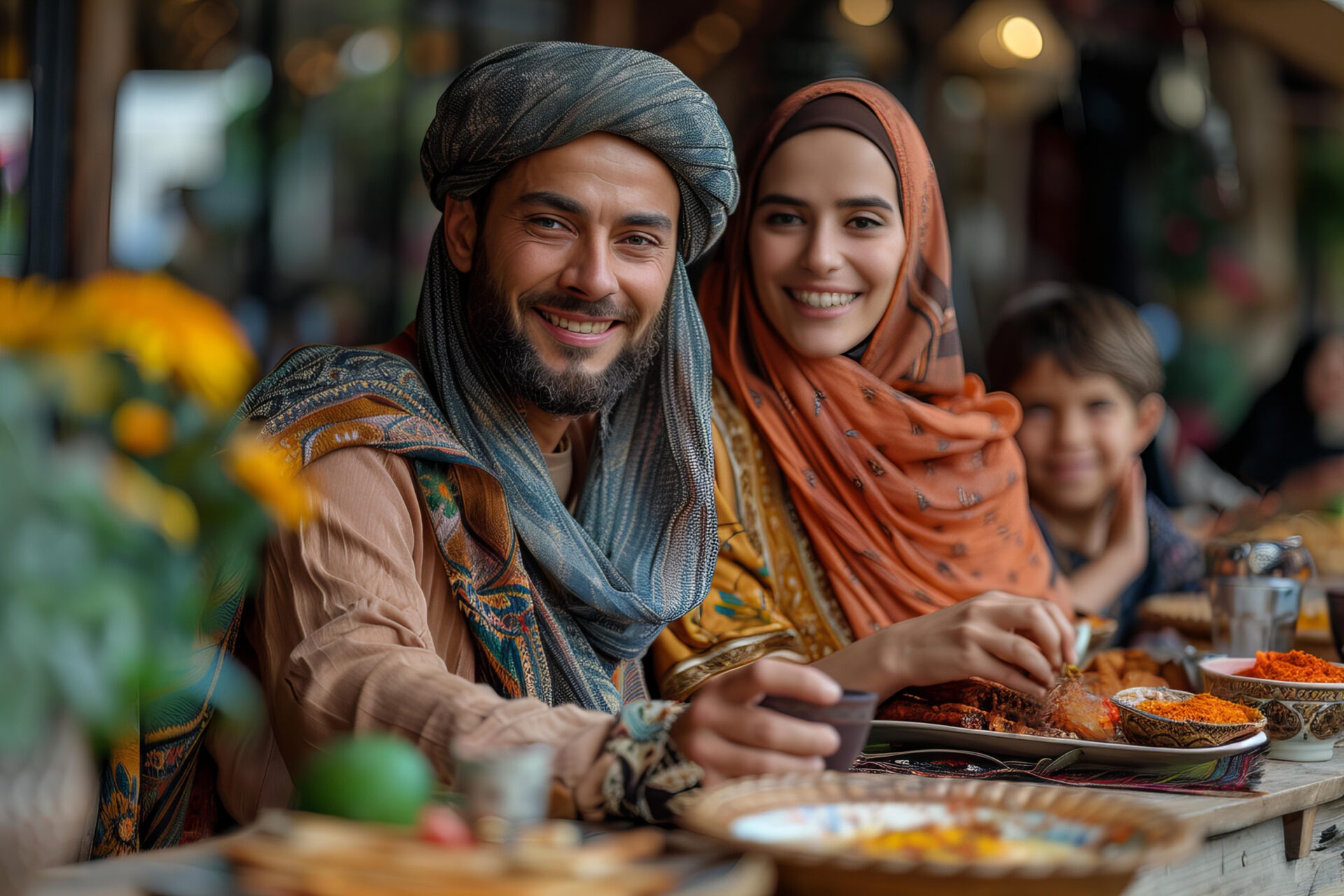 Moroccan family sharing a traditional meal around a dining table, showcasing local hospitality and culture.