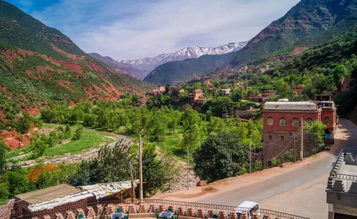 Scenic view of the Ourika Valley in the Atlas Mountains during a day trip from Marrakech